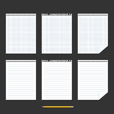 Notebook. Set of sheets of paper. Chequered sheet of paper, ruled sheet of paper and yellow pencil on black background. Vector illustrationのイラスト素材