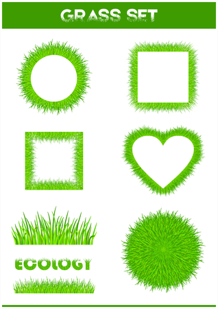 Grass.Grass frame, grass set. Set of elements of grass on a white background.Round grass frame. Square grass frame. Grass heart. Round grass green background. Set of vector frame.Vector illustrationのイラスト素材