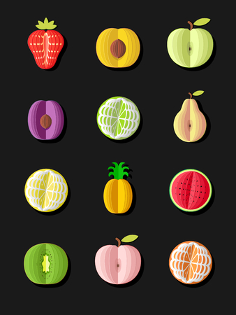 Fruit icons set. Strawberry icon. Apple icon. Pear icon. Orange icon. Lemon icon. Peach icon. Pineapple icon. Plum icon. Watermelon icon. Kiwi icon. Fruit on black background. Vector illustrationのイラスト素材