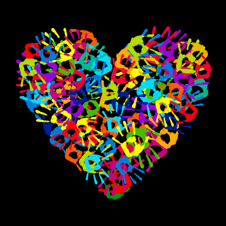 Heart. Hand print heart on a black background. Heart icon. Multicolored hand print. Vector illustrationのイラスト素材