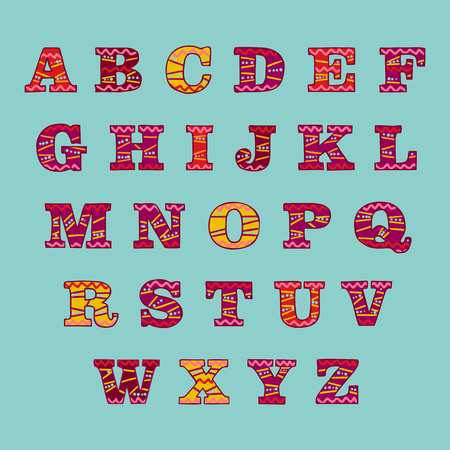 Alphabet Hand drawn graphic font simple stylized design. Bright color alphabet on blue background. Vector illustrationのイラスト素材