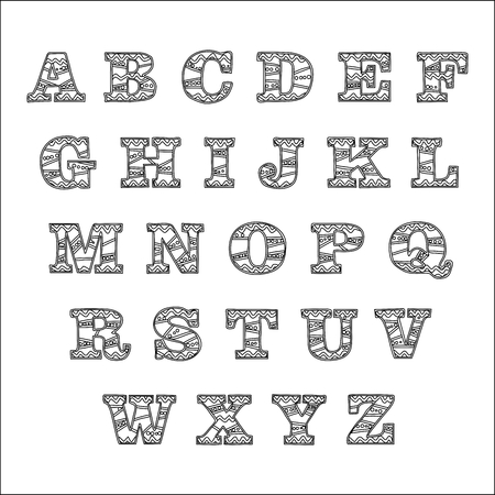 Black contour alphabet on white background, Alphabet Hand drawn graphic font simple stylized design.Vector illustrationのイラスト素材