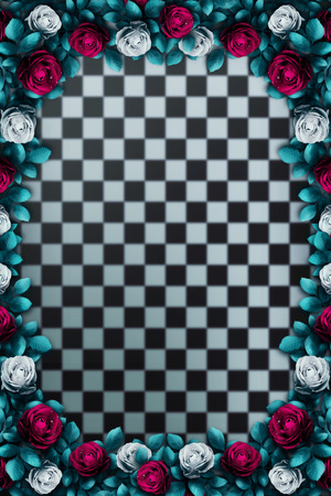 Alice in Wonderland. Red roses and white roses on chess background. Rose flower frame. Wonderland background. Illustrationの写真素材