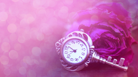 Roses, a pocket watch and old key. Vintage Wonderland background. Soft selective focus toningの写真素材
