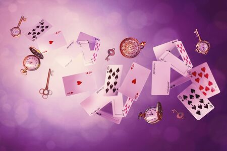 Wonderland background. Mad tea party.Playing cards, pocket watch, key falling down the rabbit hole. Horizontal banner.の写真素材