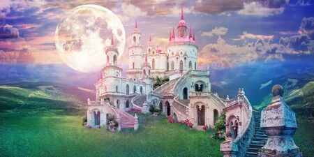 fantastic landscape with beautiful old castle and moon. Wonderland backgroundの写真素材