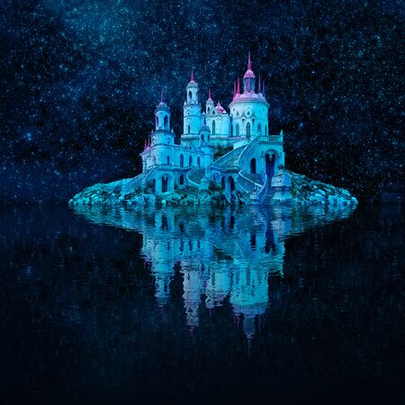fantastic wonderland landscape. beautiful island with an ancient castle is reflected in the water against the night starry sky.の写真素材