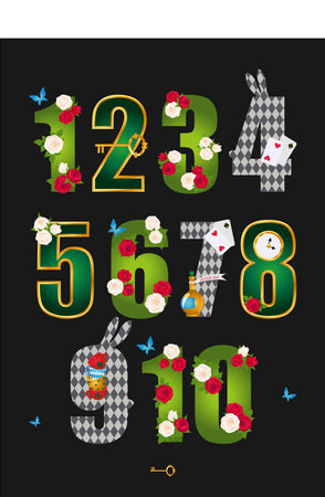 Wonderland poster with numbers. Beautiful fantasy letters with green leaves, red roses and white roses, gold frame, key, clock and cards. Vector illustration.のイラスト素材