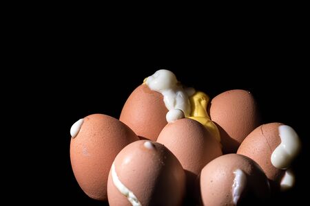 Cracked hard boiled eggs in shells with leaked egg white and yolk. Close up against black background.の写真素材