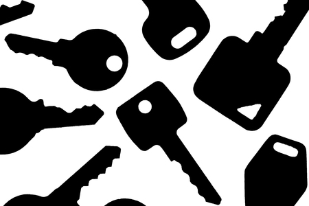 Key silhouette. Various backlit house security and household lock keys. Black shapes against white background.の写真素材