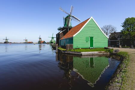 Windmills and old dutch houses, Zaanse Schans, Netherlandsの写真素材