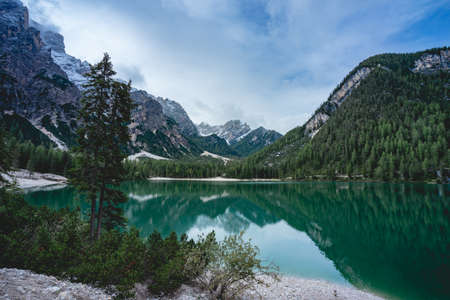 Lago di Braies, Lake in Italy.の写真素材