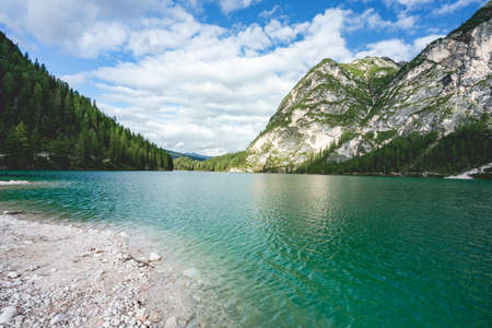 Lago di Braies, Lake in Italy.の写真素材