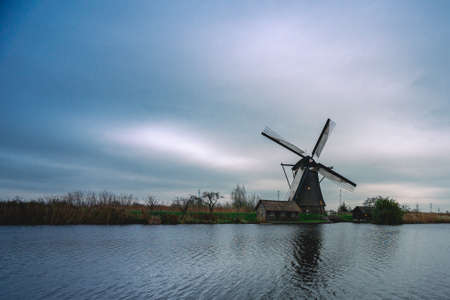 Cloudy day, Windmills in Kinderdijk The Netherlands.の写真素材