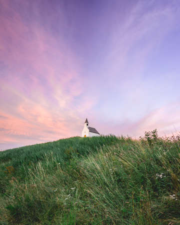 White little church on top of the hill, De Terp Leidsenveen The Hague The Netherlandsの写真素材