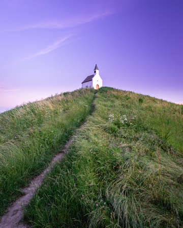 White little church on top of the hill, De Terp Leidsenveen The Hague The Netherlandsの写真素材