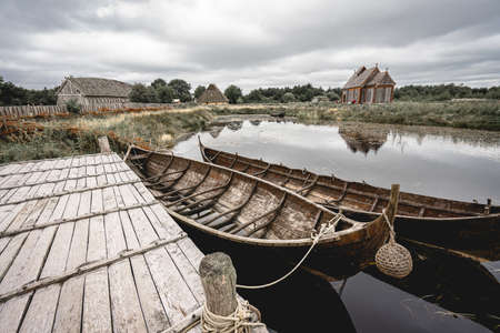 viking boats in the little viking center in Ribe Denmark.の写真素材