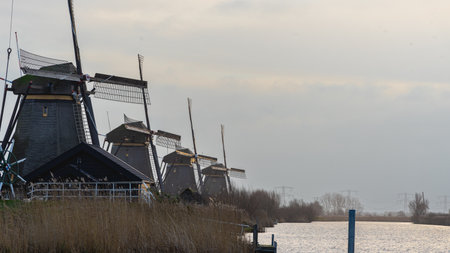 Windmills on a very cloudy day at Kinderdijk in The Netherlands.の写真素材