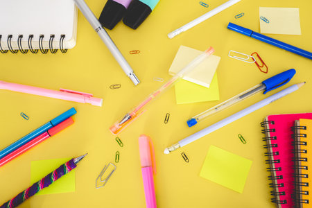 Flatlay from office and school stuff on a color background.の写真素材