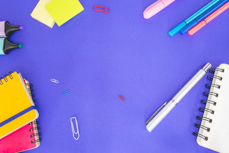Flatlay from office and school stuff on a color background.の写真素材