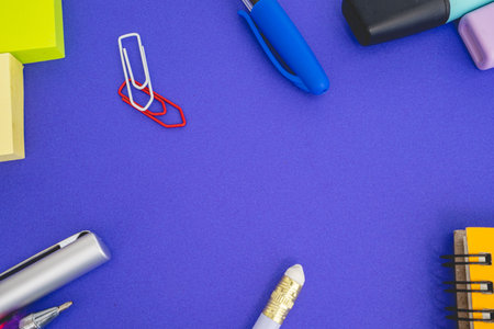 Flatlay from office and school stuff on a color background.の写真素材
