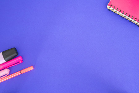 Flatlay from office and school stuff on a color background.の写真素材