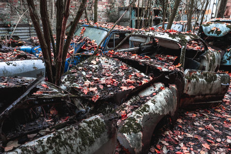 Old abandoned cars dumped in the Forest somewhere in Belgium.の写真素材