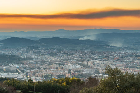 View of the city of Bergamo from the hill at sunset.の写真素材