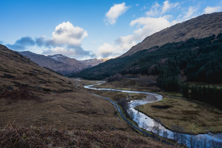 A view of a mountain river in the Scottish Highlands, UK.の写真素材