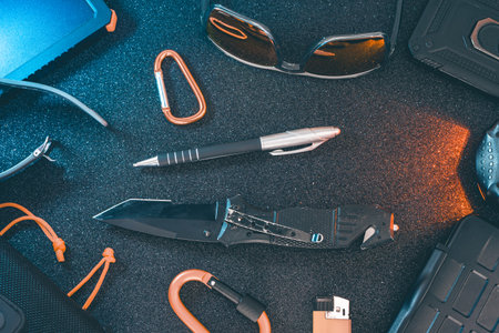 Top view of various accessories on black background.