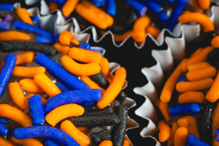 Typical Brazilian sweets, Brigadeiros. in Halloween colors, on a dark gray background. candies for Halloween from Brazil.の写真素材
