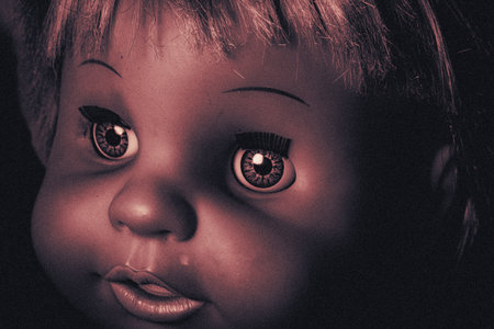 Creepy doll on a dark background. Halloween background.の写真素材