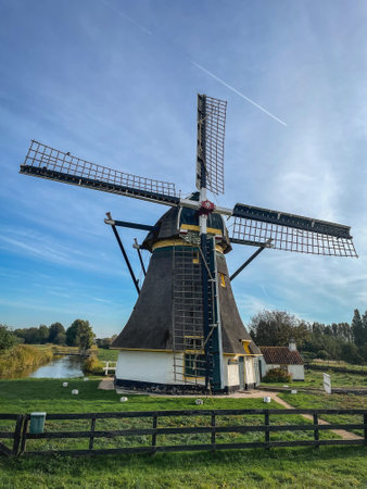 Sheep pasture mill, Dutch windmill in Rijswijk, The Netherlands.の写真素材