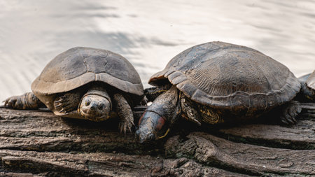 A group of Turtles on a tree in the lake, in the horto florestal Park in Sao Paulo, Brazil.の写真素材