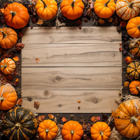 AI generated. A bunch of pumpkins on a wooden background. Halloween/autumn background.の素材