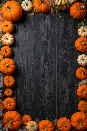 AI generated. A bunch of pumpkins on a wooden background. Halloween/autumn background.の素材