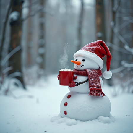 AI generated image of a Snowman with a hot chocolate. Christmas background.の素材