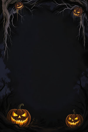 AI generated. Evil looking pumpkins on a dark background. Halloween background.の素材