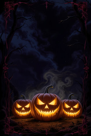 AI generated. Evil looking pumpkins on a dark background. Halloween background.の素材