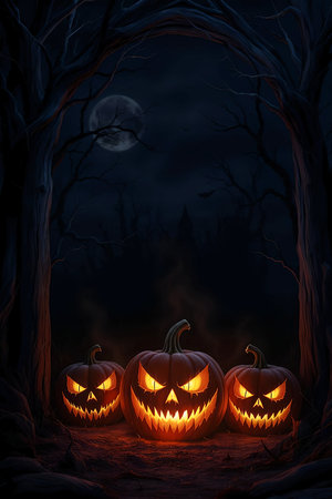AI generated. Evil looking pumpkins on a dark background. Halloween background.の素材