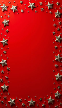 AI generated images of golden and silver stars on a red background. Christmas background.の素材