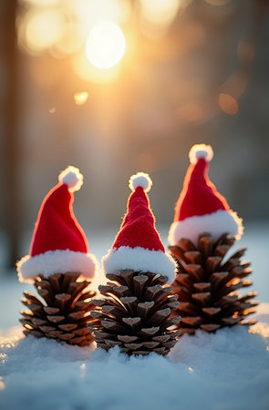AI generated images of three pine cones with Santa hat's on. Christmas background.の素材