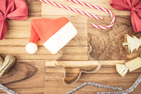 Christmas decoration laid out on a wooden background. Top view. Christmas.の写真素材