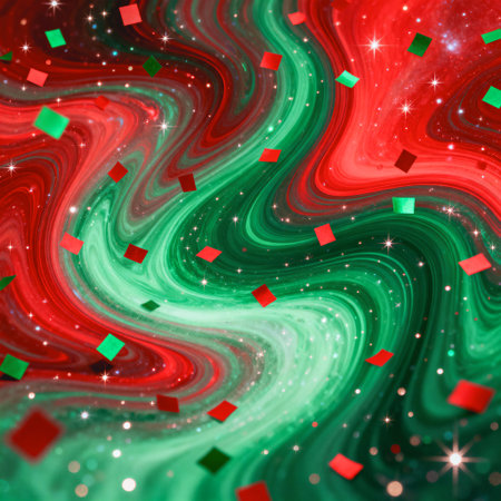 AI generated images. Green and red swirls and conffeti. Christmas background.の素材