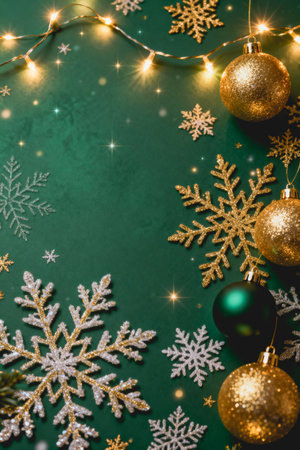 AI generated images. Typical Christmas background, with green and gold colors.の素材