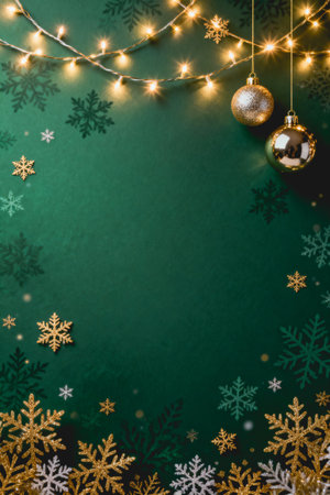 AI generated images. Typical Christmas background, with green and gold colors.の素材