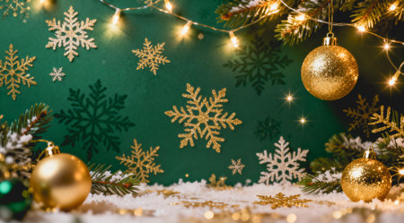 AI generated images. Typical Christmas background, with green and gold colors.の素材