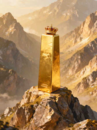 AI generated images. A bar of gold standing on top of a mountain. Representing the Bullmarket and All Time High of Gold.の素材