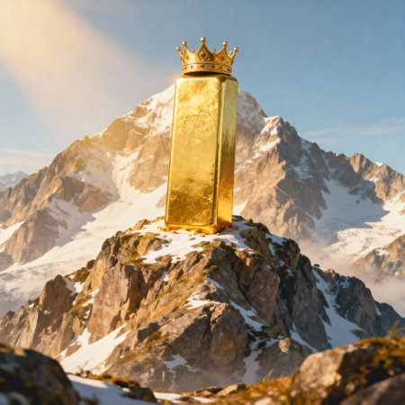 AI generated images. A bar of gold standing on top of a mountain. Representing the Bullmarket and All Time High of Gold.の素材