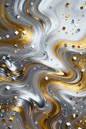 AI generated images. Swirls and confetti with Gold and silver colors. Background for New Year.の素材
